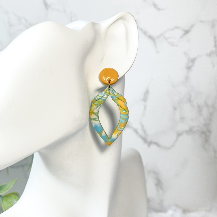 Turquoise, Mustard and White Petal Shape Polymer Clay Earrings - Petal