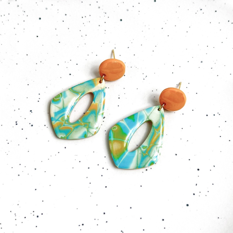 Turquoise, Mustard, and White Marble Polymer Clay Earrings - Diamond 2