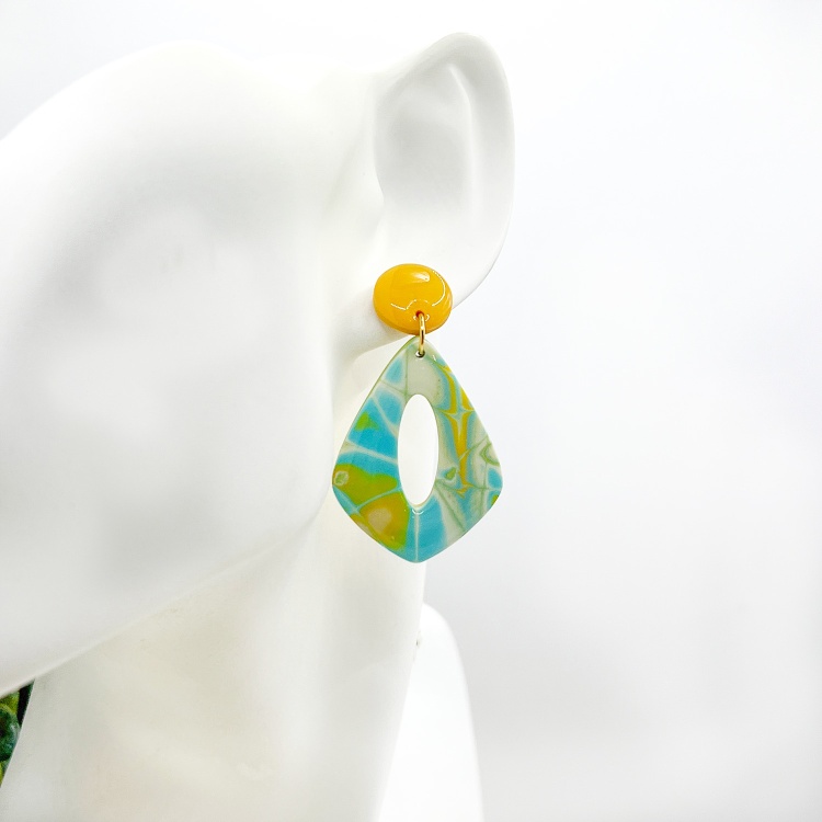 Turquoise, Mustard, and White Marble Polymer Clay Earrings - Diamond 2