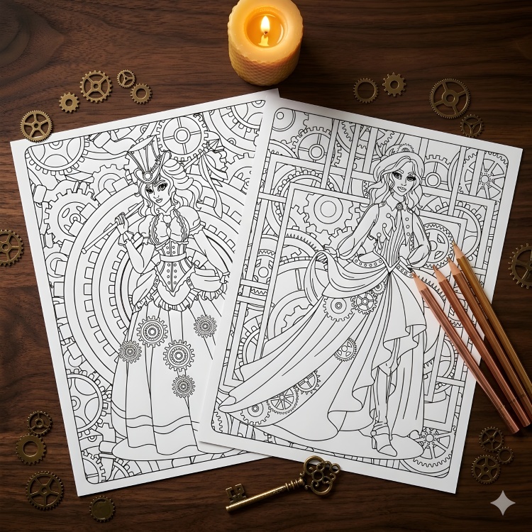 Steampunk Women Colouring Book for Adults – Left-Handed Friendly Design