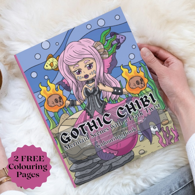 Gothic Chibi - Mermaid colouring book for adults and teens for left-handed colourists