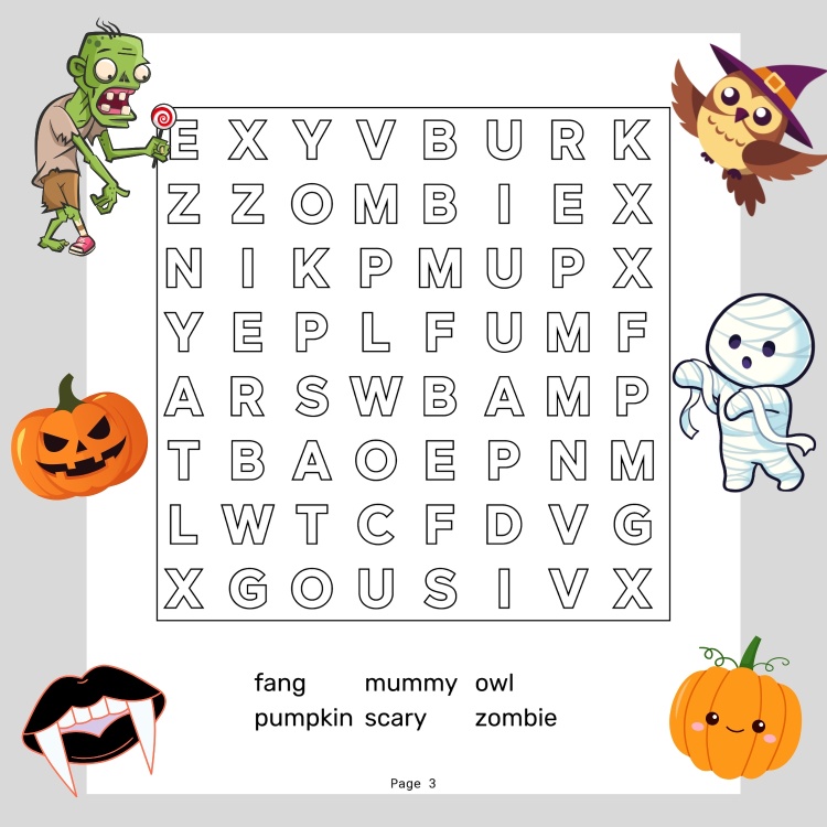 Colouring Word Search Halloween Pages For Ages 6-8