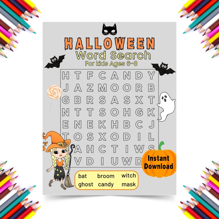 Colouring Word Search Halloween Pages For Ages 6-8