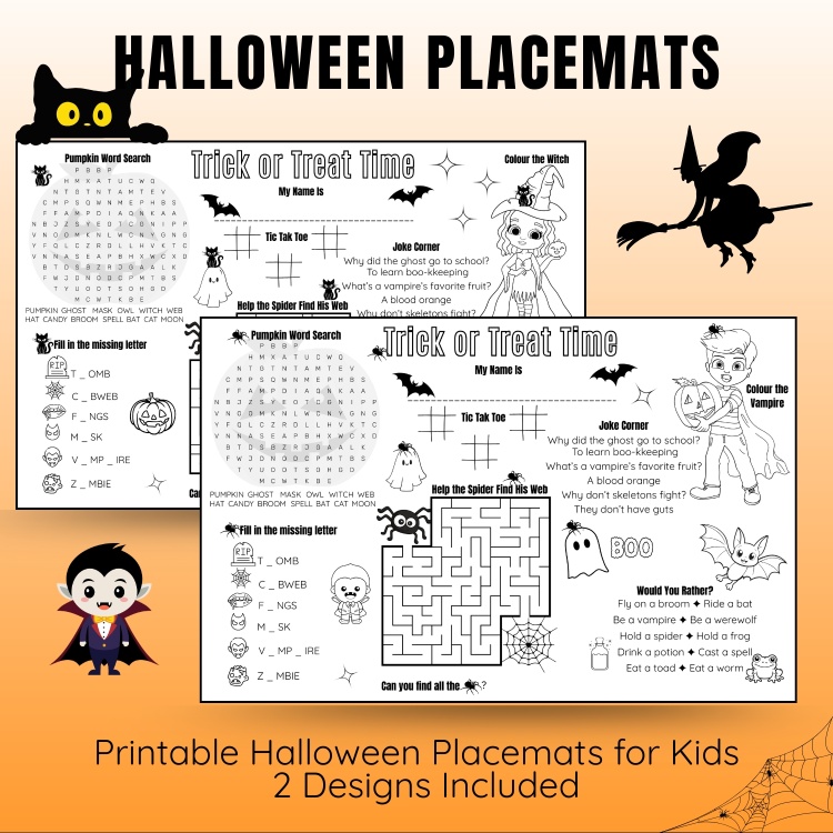 Halloween Activity Placemat for Kids For Ages 6-10