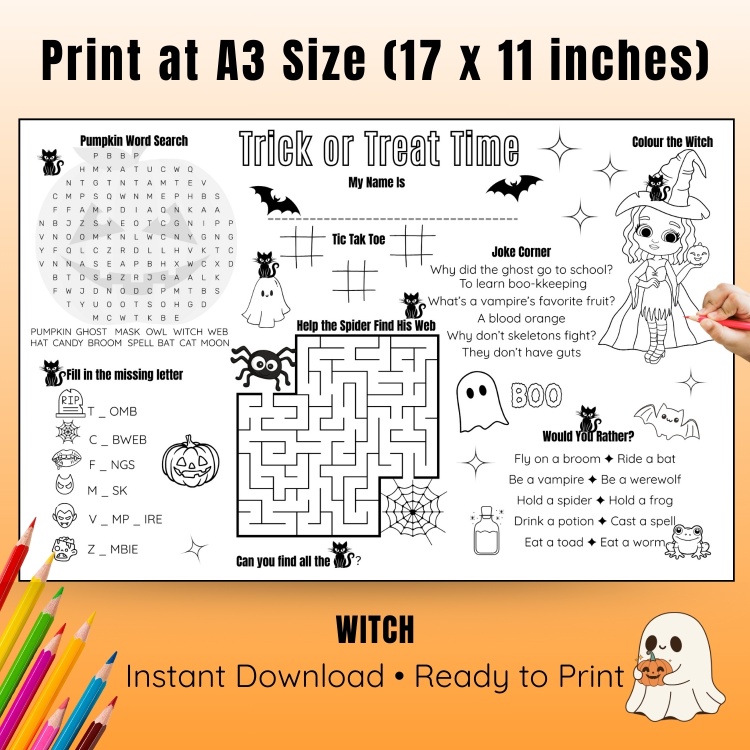 Halloween Activity Placemat for Kids For Ages 6-10