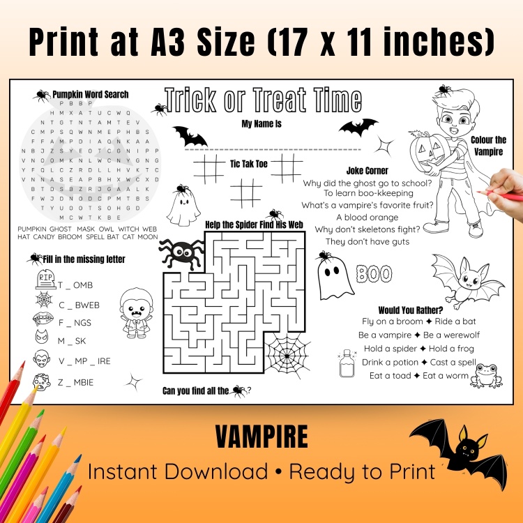 Halloween Activity Placemat for Kids For Ages 6-10