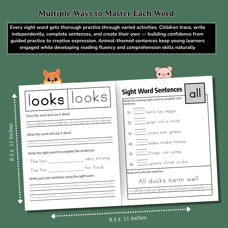 Animal Sight Words Activity Book For Ages 5-7