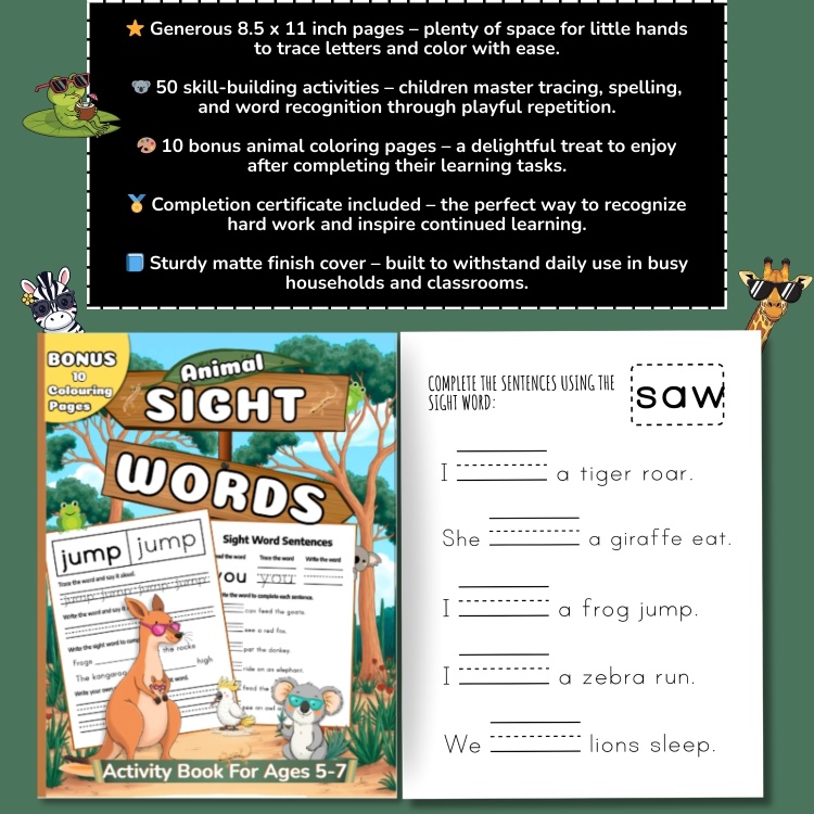 Animal Sight Words Activity Book For Ages 5-7