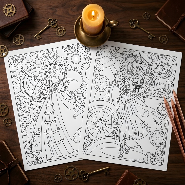 Steampunk Women Colouring Pages